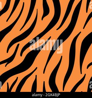 Pelle di tigre con strisce nere e arancioni. Modello senza cuciture a forma di scarabocchio disegnato a mano. Stampa vettoriale della texture animale Illustrazione Vettoriale