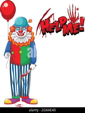 Clown creepy che tiene il palloncino su sfondo bianco illustrazione Illustrazione Vettoriale