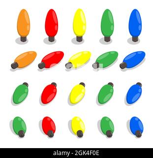 Set di luci di Natale multicolore per le ghirlande. Decorazione albero di Natale con luci e ghirlande. Vettore cartoon isolato su sfondo bianco Illustrazione Vettoriale