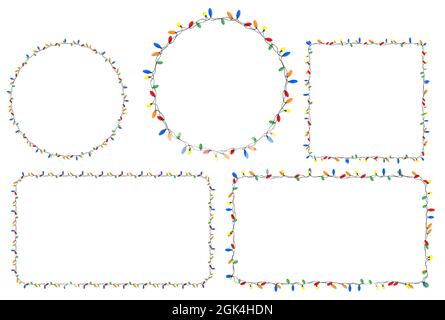 Set di cornici con luci di Natale multicolore per le ghirlande. Decorare le carte di Natale con luci e ghirlande. Vettore cartoon isolato su bianco Illustrazione Vettoriale