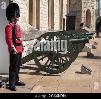 Una Guardia scozzese in servizio a Waterloo Barracks, Torre di Londra, accanto a una serie di cannoni francesi catturati nella battaglia di waterloo. Foto Stock