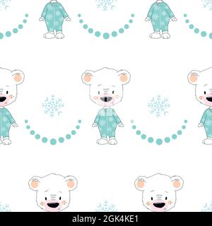 Pattern senza cuciture carino, orso polare, neve, fiocchi di neve, inverno. Illustrazione vettoriale per bambini. Illustrazione Vettoriale