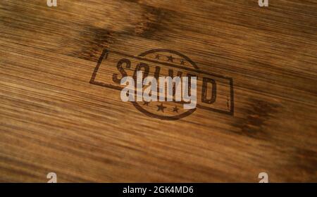 Timbro risolto stampato su scatola di legno. Concetto di soluzione del problema. Foto Stock