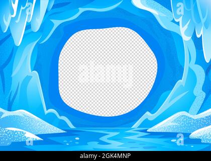 Ghiacciata paesaggio grotta. Sfondo invernale blu nevoso - paesaggio panoramico con caverna ghiacciata ghiacciata. Illustrazione vettoriale in stile cartoon piatto. Illustrazione Vettoriale