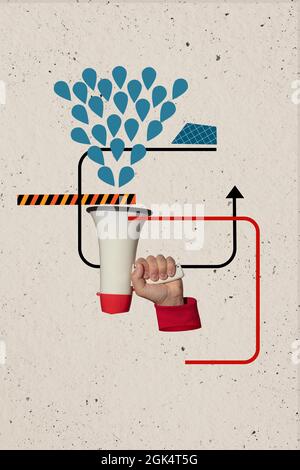 Collage d'arte contemporanea. Uomo che tiene il megafono con la pioggia cade sopra Foto Stock