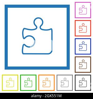Singolo pezzo di puzzle contorno icone di colore piatto in cornici quadrate su sfondo bianco Illustrazione Vettoriale