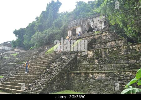 Tempio nella vecchia città Maya di Palenque, Messico. Foto Stock