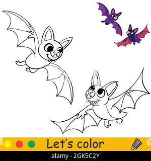 Due pipistrelli volanti carini. Concetto di Halloween. Pagina libro da colorare per bambini. Illustrazione isolata del cartone animato vettoriale. Per colorare libri, istruzione, stampa, g Illustrazione Vettoriale