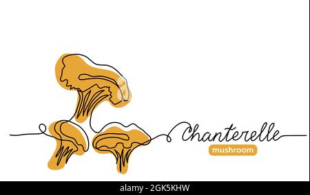 Chanterelle funghi selvatici semplice illustrazione vettoriale. Disegno artistico a linea singola con fungo di chanterelle con caratteri Illustrazione Vettoriale