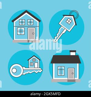 quattro icone del set immobiliare Illustrazione Vettoriale
