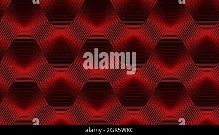 Composizione moderna con esagoni concentrici di colore rosso metallico. Ripetizione continua. Foto Stock