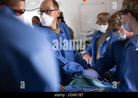 Il Lt. Colon. James Ferguson, un 18° chirurgo del Field Hospital che partecipa all'esercizio 2021 di addestramento al supporto di combattimento, guarda sopra la spalla mentre dirige il suo team chirurgico veterinario durante un intervento chirurgico di emergenza simulato per un incidente canino a Fort McCoy, Wisconsin, 11 agosto 2021. L'esercizio veterinario si è verificato durante una visita del sito di una migliore base di addestramento tattico dal Gen. Jody J. Daniels, capo della Riserva dell'Esercito e comandante generale del comando della Riserva dell'Esercito degli Stati Uniti. Foto Stock