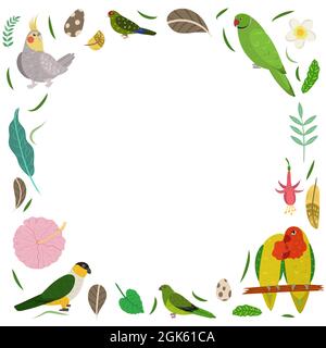 Modello di cornice con uccelli esotici cartoni animati. Composizione rettangolare tropicale con cockatiel, lovebird, pappagalli kakariki. Design per bambini asilo. Illustrazione Vettoriale