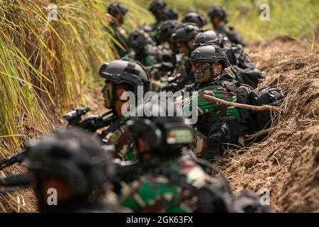 I membri della Tentara Nasional Indonesia (TNI-ad Indonesia Armate Forces) si siedono dietro la copertura durante un fuoco vivo congiunto nell'area di addestramento di Baturaja, Indonesia, il 12 agosto 2021. Garuda Shield 21 è un'esercitazione congiunta di due settimane tra l'esercito degli Stati Uniti e l'Indonesia di Tentara Nasional (TNI-ad Indonesia Armate Forces). Lo scopo di questo esercizio congiunto è quello di migliorare e arricchire la capacità di guerra nella giungla sia dell'esercito degli Stati Uniti che dell'esercito indonesiano. Foto Stock