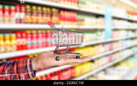 Supermercato sfondo con carrello in mano. Cibo e generi alimentari offuscati sugli scaffali del negozio. Foto di alta qualità Foto Stock