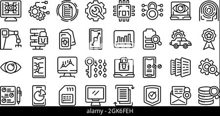 Le icone della panoramica tecnica impostano il vettore di contorno. Specifiche della telecamera. Doppia memoria Illustrazione Vettoriale