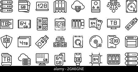 Le icone gigabyte impostano il vettore di contorno. Big data. Terabyte di comunicazione Illustrazione Vettoriale