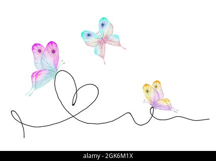 Cuore disegnato a mano con contorno nero e farfalle acquerello isolate su sfondo bianco. Linea continua sotto forma di cuore. Disegno a una linea. Tempo Foto Stock