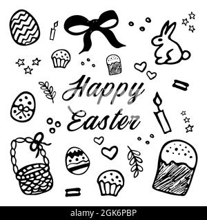 Set disegno pasqua disegnato a mano. Conigli, uova, cestino, torta di Pasqua, candela. Illustrazione vettoriale in stile Doodle isolata su sfondo bianco. Illustrazione Vettoriale
