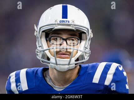 12 settembre 2021: Indianapolis Colts kicker Rodrigo Blankenship (3) durante l'azione di gioco di football NFL tra i Seattle Seahawks e gli Indianapolis Colts al Lucas Oil Stadium di Indianapolis, Indiana. Seattle sconfisse Indianapolis 28-16. John Mersies/CSM. Foto Stock