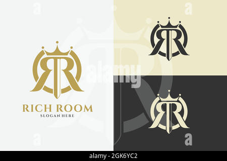 Logo vettoriale lettera R con logo grafico Crown design template. Ricco logo poker room design Illustrazione Vettoriale