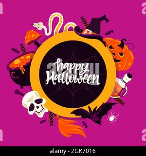 Halloween felice - moderno cartoon stile poster colorato. Illustrazione luminosa degli oggetti delle feste di ottobre tradizionali su sfondo viola. Pozione, scopa Illustrazione Vettoriale