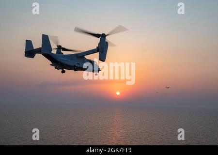 210825-N-LN075-2010 GOLFO PERSICO (AGOSTO 25, 2021) un MV-22B Osprey, attaccato al Marine Medium Tiltrotor Squadron (VMM) 162 (rinforzato), decolla dal ponte di volo della nave d'assalto anfibio di classe Wasp USS Iwo Jima (LHD 7) durante le operazioni di volo di routine, agosto 25. Iwo Jima è schierata nella 5th Fleet area degli Stati Uniti di operazioni a sostegno delle operazioni navali per garantire la stabilità e la sicurezza marittima nella regione centrale, collegando il Mediterraneo e Pacifico attraverso l'Oceano Indiano occidentale e tre punti di arresto strategici. Foto Stock