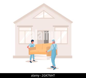 Due movers che trasportano il divano alla nuova casa, illustrazione vettoriale. Trasferimento. Servizi aziendali in movimento. Consegna di mobili. Illustrazione Vettoriale