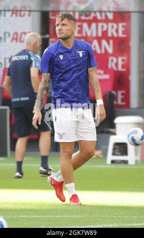 Milano, Italia. 12 settembre 2021. Ciro immobile della SS Lazio prima della Serie Una partita di calcio tra Milano e Lazio allo Stadio Giuseppe Meazza di Milano il 12 settembre 2021. (Foto di Mairo Cinquetti/Pacific Press) Credit: Pacific Press Media Production Corp./Alamy Live News Foto Stock