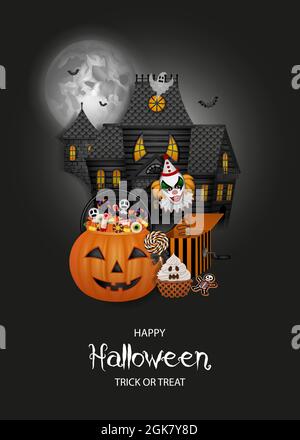 Sfondo di Halloween con casa infestata, secchio di zucca e dolci Illustrazione Vettoriale