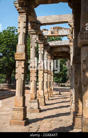 Intricati intagli in pietra sulle colonne del chiostro alla Moschea Quwwat ul-Islam, complesso Qutb, Delhi Foto Stock