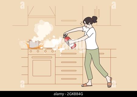 Prevenzione fuoco cucina e fiamma concetto. Giovane donna frustrato in piedi con estintore nelle mani estintore utilizzando mettere a fuoco su illustrazione vettore piastra Illustrazione Vettoriale