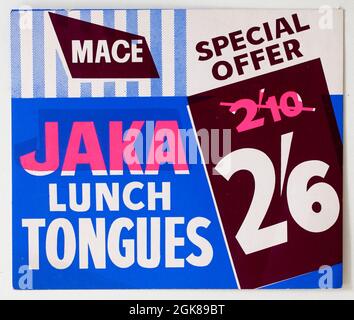 Vintage 1960 Mace Shop Price Display Card - Jaka Lunch lingue Foto Stock