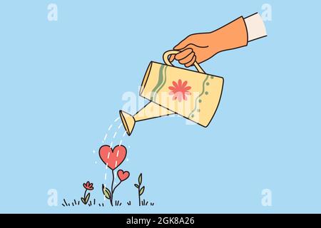 Buon giorno di San Valentino e concetto di amore. Le mani umane annaffiano piante a forma di cuore rosso in crescita a terra, curando e amando l'illustrazione vettoriale Illustrazione Vettoriale