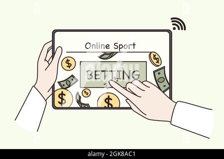 Scommesse online e fare soldi concetto. Sport gioco. Le mani umane che spingono il pulsante delle scommesse online sullo schermo del tablet per fare l'illustrazione vettoriale dei soldi di profitto Illustrazione Vettoriale