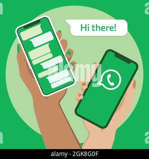 Due mani di donna che tengono smartphone con la schermata di chat Whatsapp. Illustrazione vettoriale. Colori piatti. Sfondo verde. Illustrazione Vettoriale