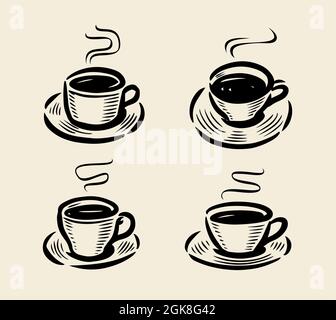 Set di logo astratto della tazza di caffè. Disegno a mano della tazza con vapore. Illustrazione vettoriale Illustrazione Vettoriale