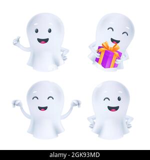 Divertente fantasma di Halloween in varie pose ed emozioni facciali. Icone semplici del fantoccio. Set vettoriale di personaggi 3D di un'anima bianca carina in tessuto bianco c Illustrazione Vettoriale