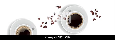 Caffè realistico e chicchi di caffè su sfondo bianco - illustrazione vettoriale Illustrazione Vettoriale