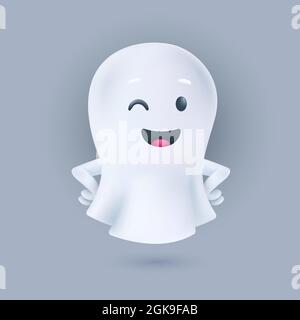 Il fantasma sorridente e avvolgente con le mani sui lati posa. Icona fantoccio amichevole. Happy Halloween personaggio 3D. Illustrazione vettoriale di anima cute in un whi Illustrazione Vettoriale