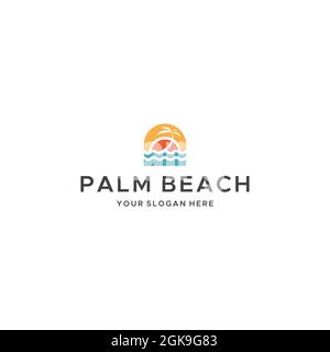 Moderno LOGO PALM BEACH Waves tree Sunset Illustrazione Vettoriale