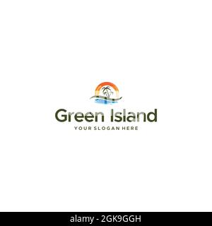 Modern Island Sunset Beach Waves Tree logo design Illustrazione Vettoriale