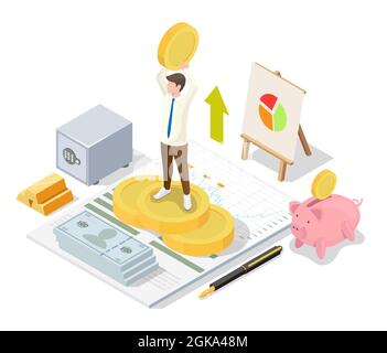 Felice uomo d'affari con moneta in mano dollaro, vettore piatto isometrico illustrazione. Concetto di gestione finanziaria. Illustrazione Vettoriale