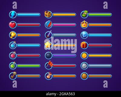Set vettoriale barre di avanzamento del gioco, elementi di design interfaccia cartoon ui, potenza, vita o salute, magia magica, denaro e tempo con le risorse regali. Lo stato e le risorse ridimensionano le icone e le illustrazioni 3d isolate Illustrazione Vettoriale