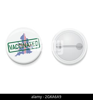 Badge a bottone bianco COVID-19 CAMPAGNA VACCINALE Inghilterra mappa con timbro VACINATED. Pulsante pin realistico. Disegno vettoriale e di illustrazione. Illustrazione Vettoriale