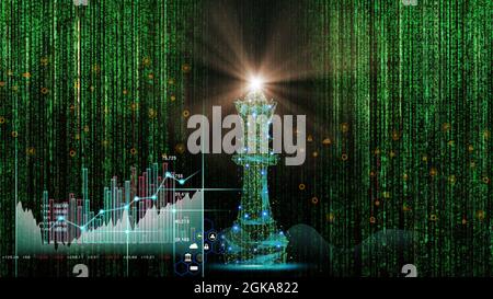 Gioco di scacchi su scacchiera dietro gli indicatori della tabella del forex o grafico del mercato azionario in background astratto. Business Concept per presentare informazioni finanziarie Foto Stock