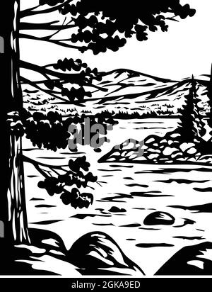 WPA poster monocromatico arte di Emerald Bay state Park a South Lake Tahoe, California, USA fatto in opere di amministrazione progetto in stile bianco e nero. Illustrazione Vettoriale