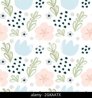 Modello senza cuciture con fiori disegnati a mano. Disegno vettoriale. Illustrazione Vettoriale
