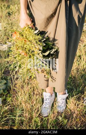 Una donna in un abito verde con un bouquet di fiori selvatici è in piedi sul prato. Ambiente faunistico. Le mani femminili che tengono un bouquet di fiori selvatici. Foto Stock