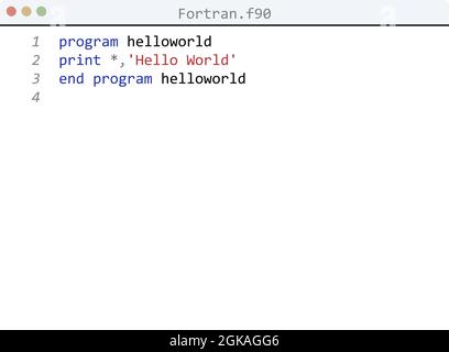 Lingua Fortran Hello World esempio di programma nella finestra dell'editor Illustrazione Vettoriale